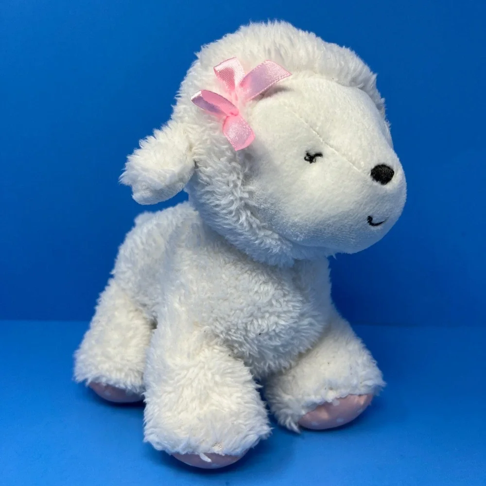 Carters Plush Lamb Small White Pink Bow Polka Dot Feet‎ Heart Patch Nursery Toy